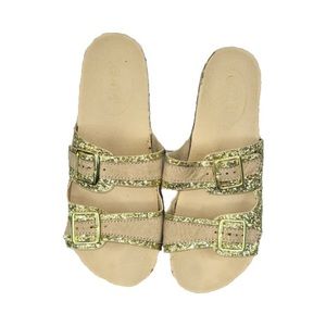 Rouge! Gold Glitter and Beige Buckle Double-Strap Slide Sandals